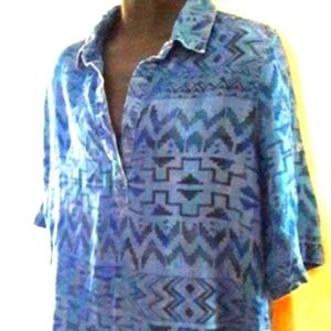 African Tribal Print Blue Slim-Fit Pullover Shirt, L